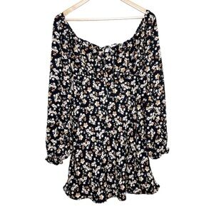 Lush Black Floral Print Long Sleeve Square Neck Mini Dress